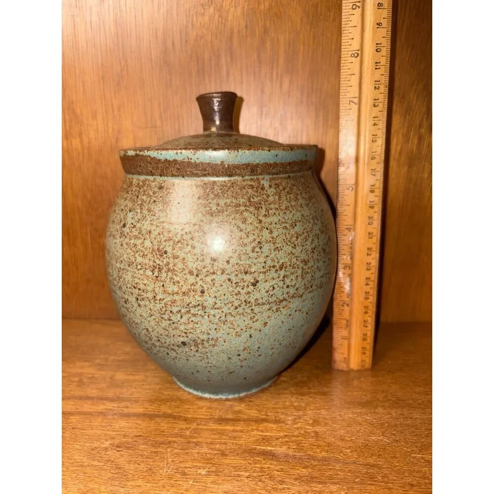 Signed Studio Pottery Lidded Jar Medium Sized Decorative Storage